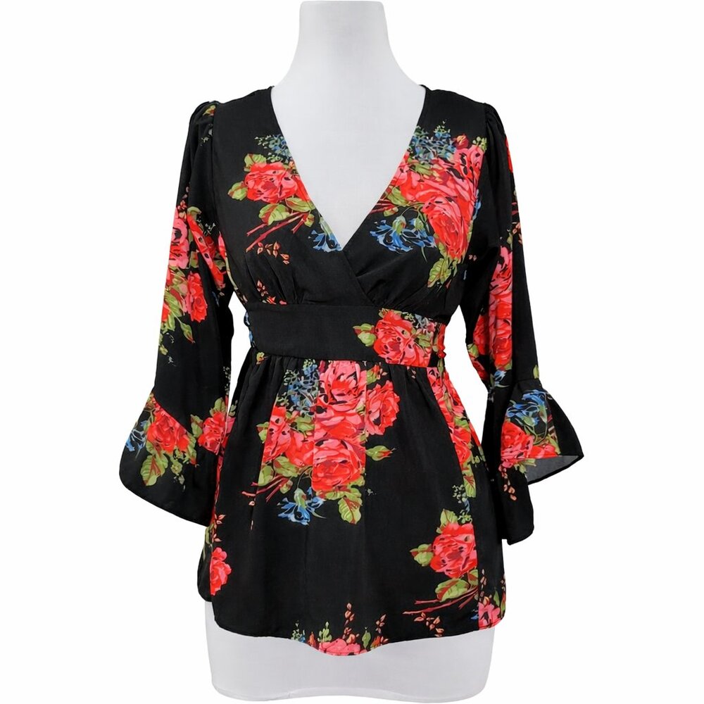 Betsey Johnson Bambi Pink Rose Floral Flutter Bell Sleeve Top Floral Goth NWOT